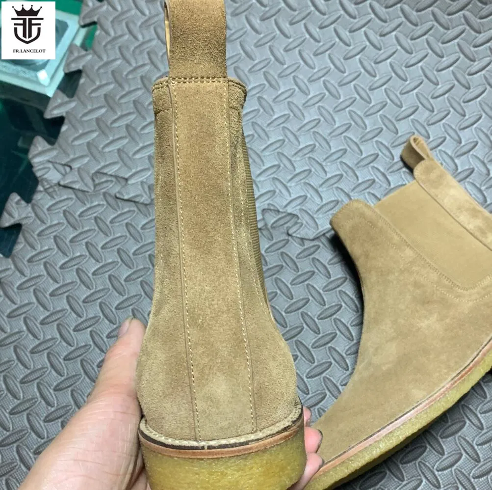 Factory Real Photo men suede leather boots slip on casual ankle booties male party shoes light yellow mens boot western cowboy