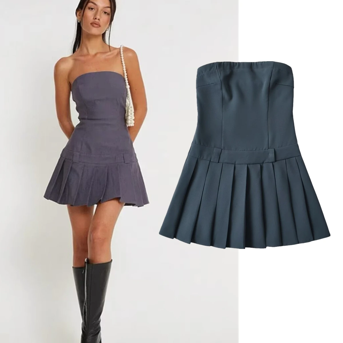 

Jenny&Dave Summer Fashion Gray Color Sexy Girls Mini Dress Women Retro Suits Strapless Pleated Dress For Woman