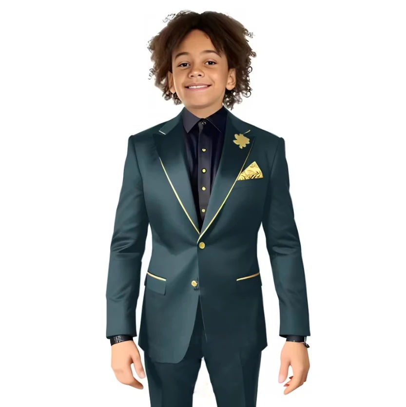 الذهب الساتان الأولاد دعوى الزفاف الأطفال سهرة السترة السراويل 2 قطعة مجموعة الذروة التلبيب 2-16 سنة مخصص الزي سليم صالح الصبي #2