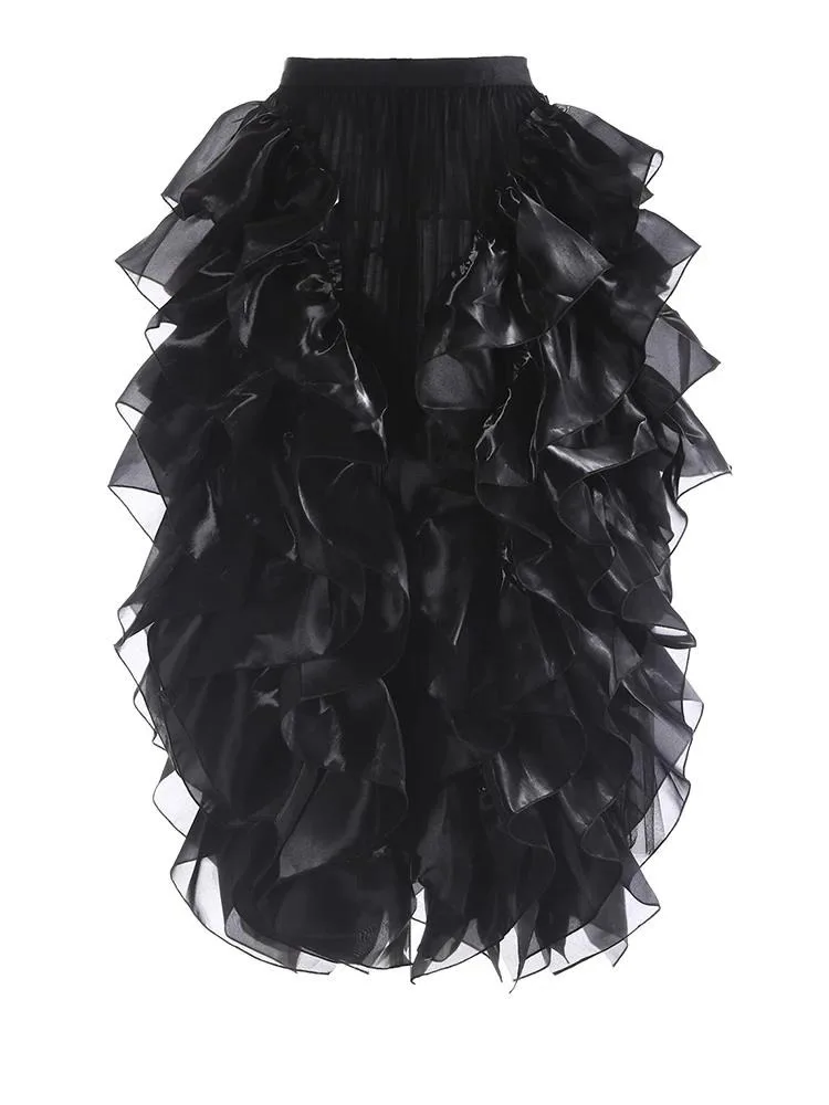 

High Elastic Waist Black Ruffles Mesh Elegant Ball Gown Half-body Skirt Women Fashion Tide New Spring Autumn