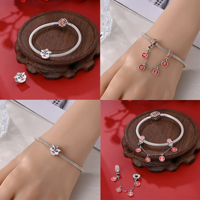 925 Silver Lantern Chinese Knot Charms New Year\'s Traditional Beads Fit 3mm 925 Original Bracelets Fashion DIY Jewelry Gifts