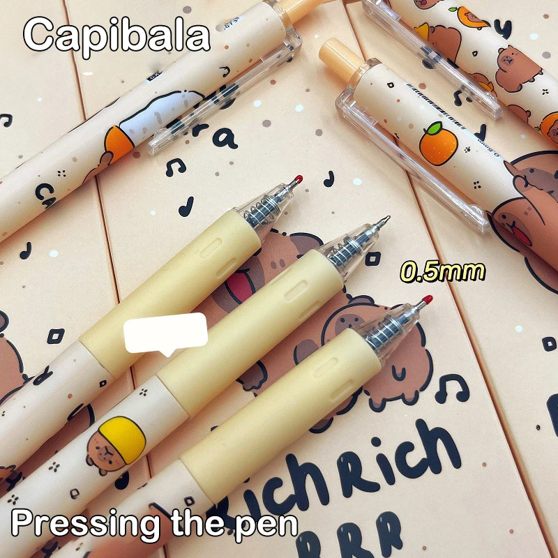 Capybara Quick-Drying Gel Pen, Caneta de Escrita Suave, Cartoon Pressionando, Material Escolar Neutro, Papelaria bonito, Kawaii, 6pcs