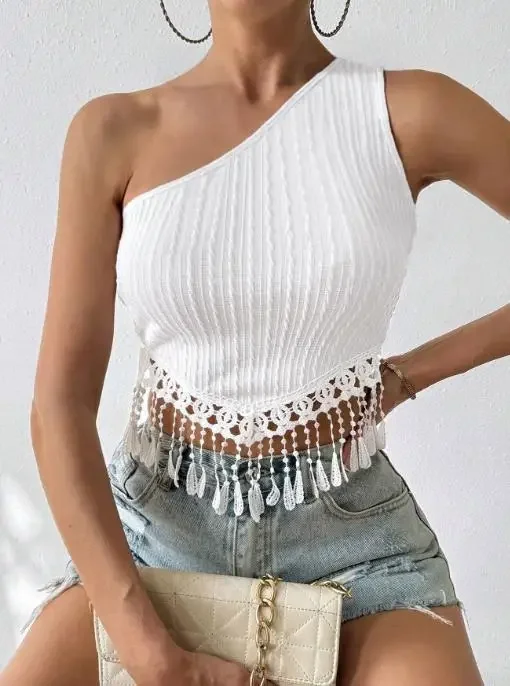 Summer New Women's Sexy Single Shoulder T-Shirt with Tassel Design Short Style with Fashion Exposed Navel Off Shoulder Top