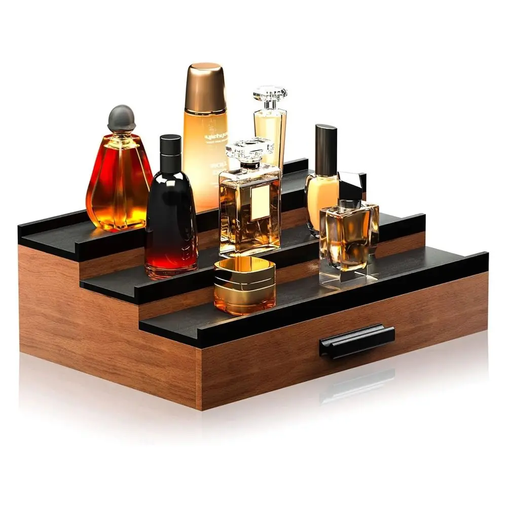 

Stepped Type 3 Tier Cologne Display Stand Large Capacity with Drawers Wooden Storage Box Space Saving Display Rack for Home