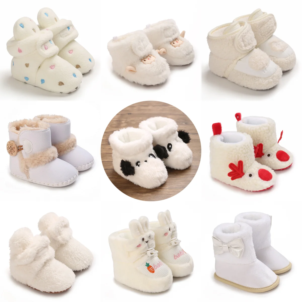 Winter Newborn White Boy and Girl Cute Cartoon Cotton Shoes with Soft Sole and Warm Boots Preschool Walking Shoes Winter Newborn