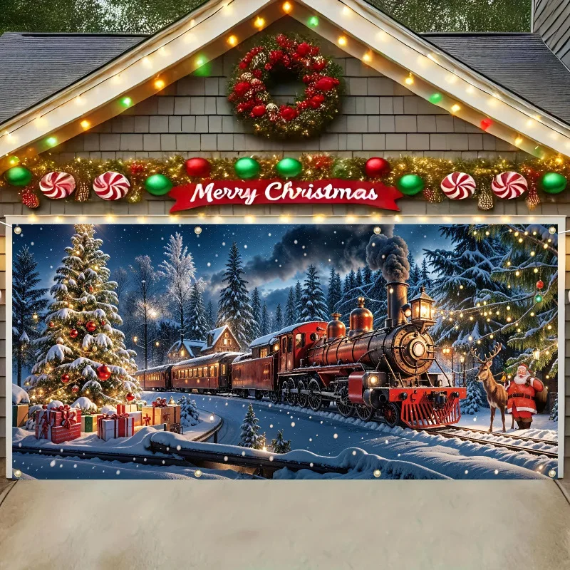 1-teiliger festlicher Weihnachtszug und Weihnachtsmann, Garagentor-Banner, Hintergrundstoff, große Weihnachtsdekoration für den Garten im Freien