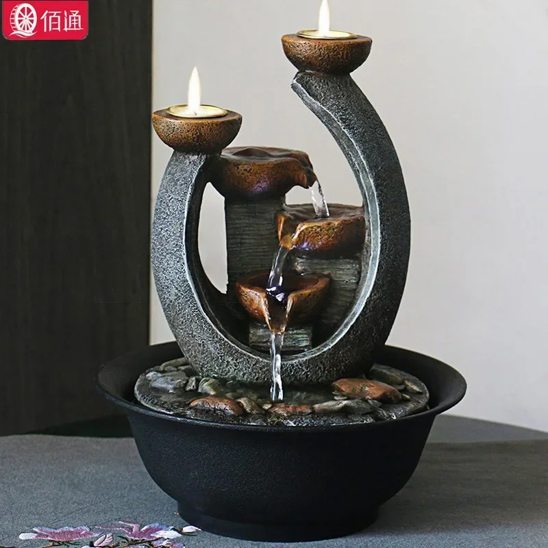 Multifunction Indoor Water Fountain & Candle Holders with LED Lights Three Tier Soothing Cascading Tabletop Fountains  Rocks