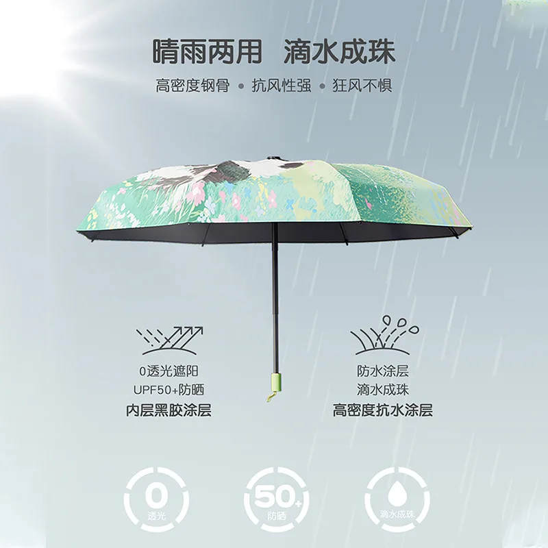 Parasol ręczny Cute Cartoon Furry Panda Sun / Rain Double Use Umbrella Women Kids Work Go To School UV Protection 3-Fold 8-Bone Manual Umbrella