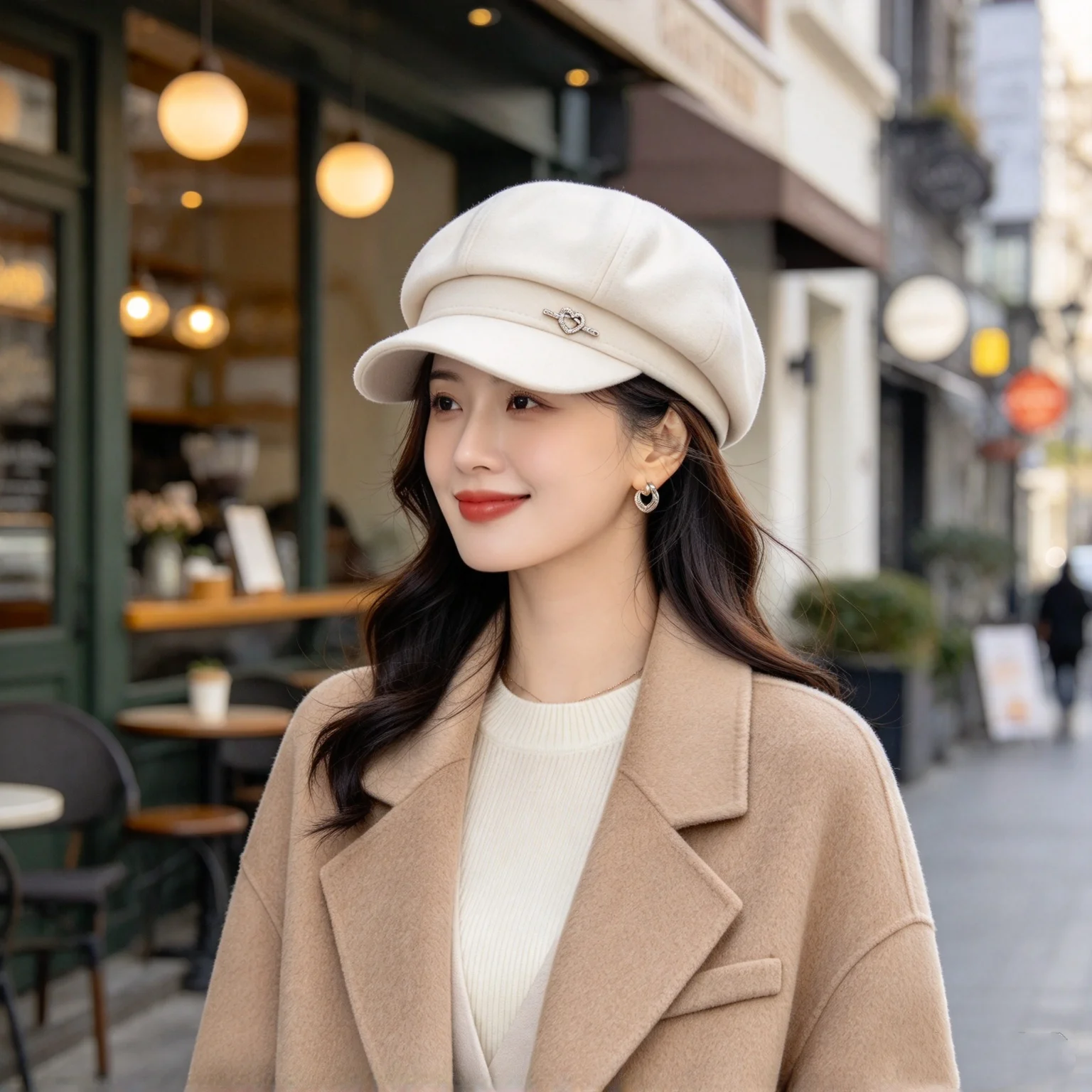 Women's Autumn and Winter Retro British-Style Newsboy Cap with Heart-Shaped Rhinestone Decoration, Face-Slimming, Versatile for Daily Wear, Shopping, and Photography