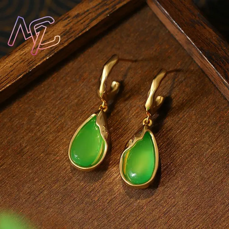 Green Real Jade Water Drop Earrings Talismans Gifts for Women Amulet Stone Luxury Ear Stud Lucky Designer Vintage - view 2