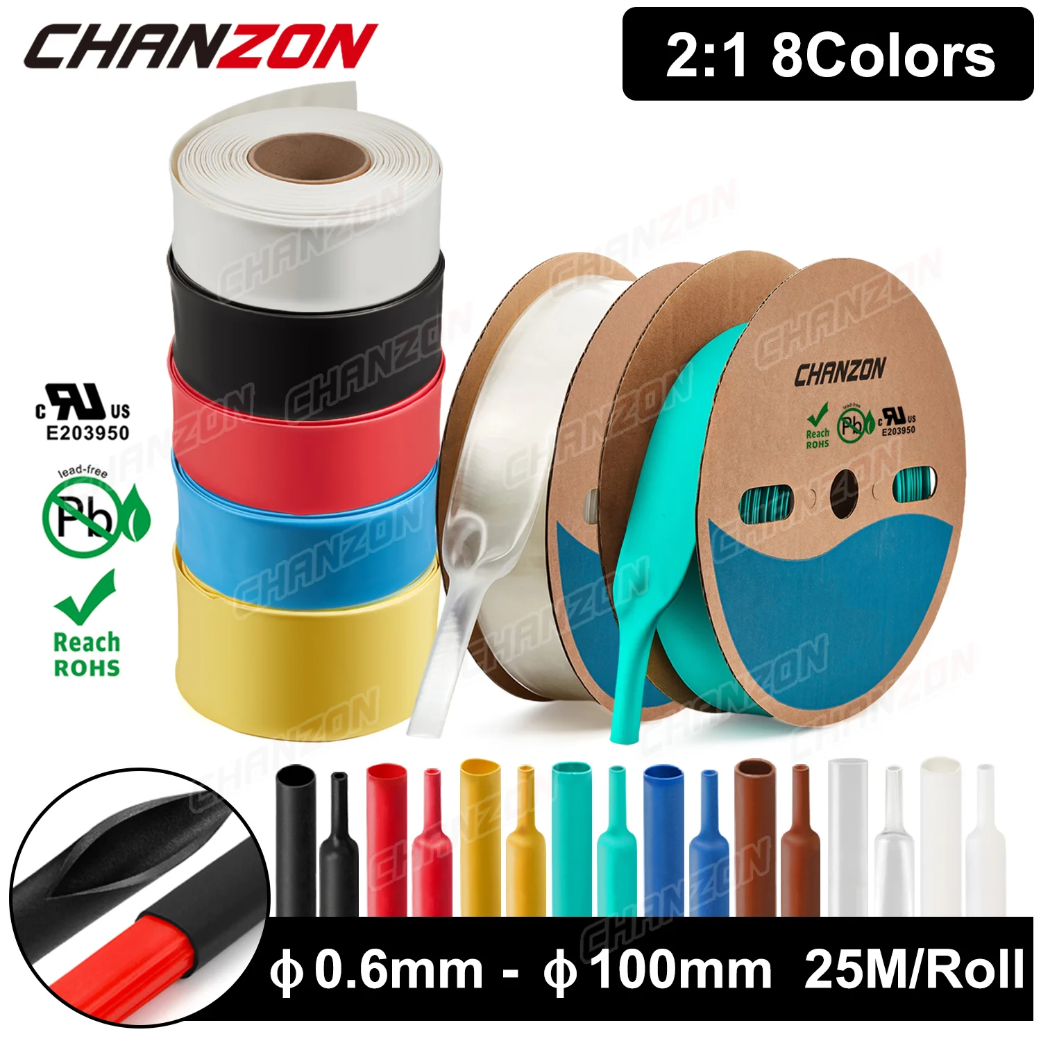 25M/Roll 2:1 Φ0.8-Φ100Mm Heat Shrink Tube Wrap Tubing Heat-Shrink Polyolefin Tape Hose Polyolefin Cable Sleeve Wire Protector