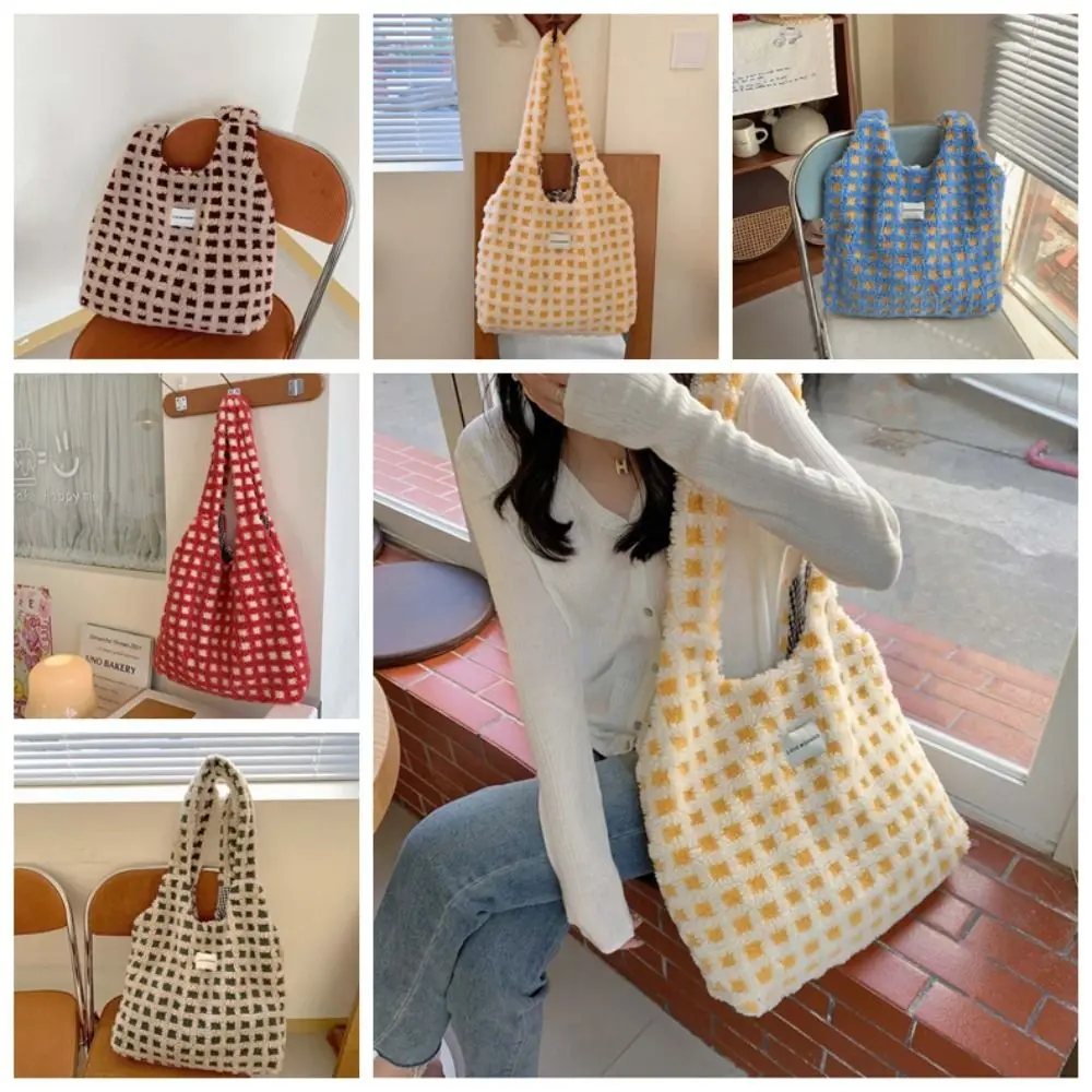 

Cream Color Plush Plaid Shoulder Bag Large Capacity Solid Color Vacation Tote Bag Korean Style Office Worker Tote Shoulder Bag