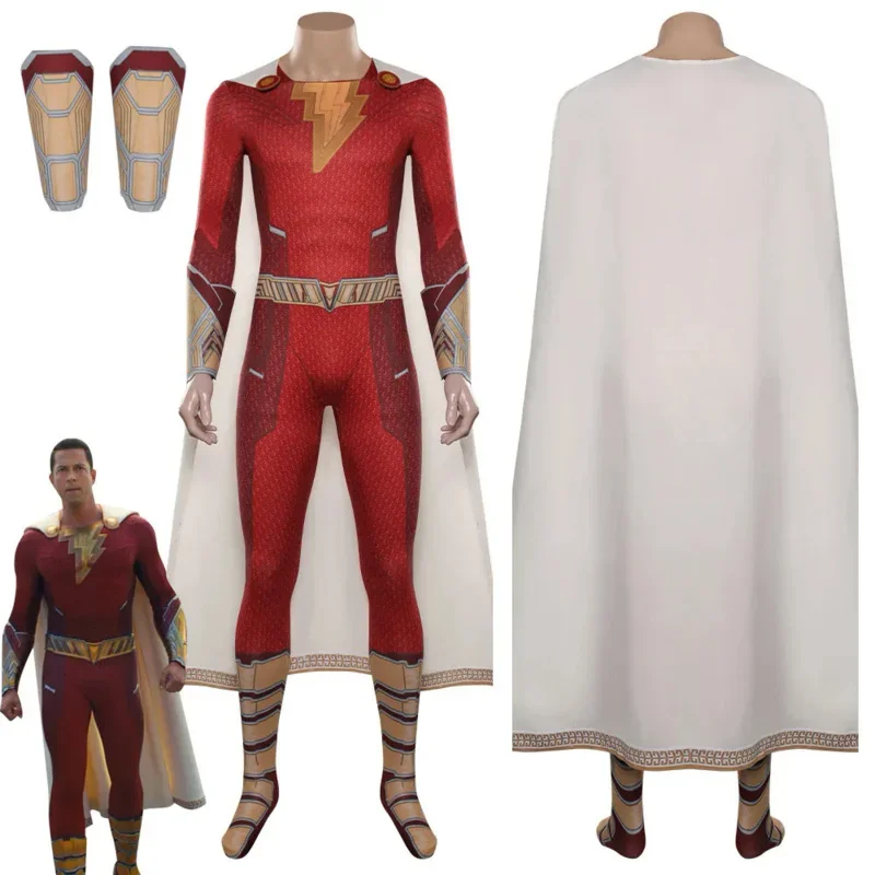 Fury Of The Gods Shazam Cosplay Costume Jumpsuit Cloak For Adult Men Male Boy Halloween Carnival Disguise BodySuit MN8