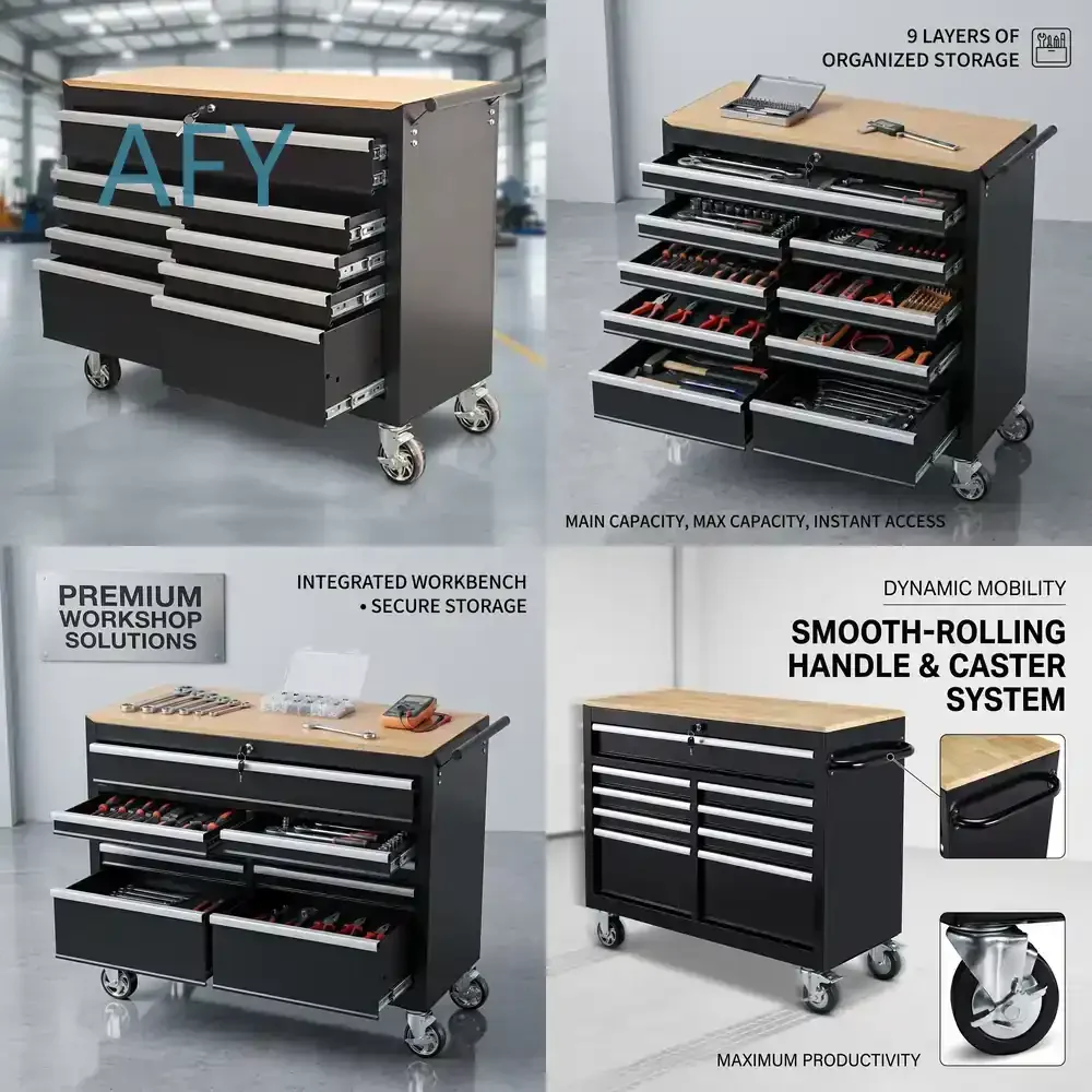 Heavy duty 9 drawer mobile tool cabinet with wheels and workbench for garage shop for OEM