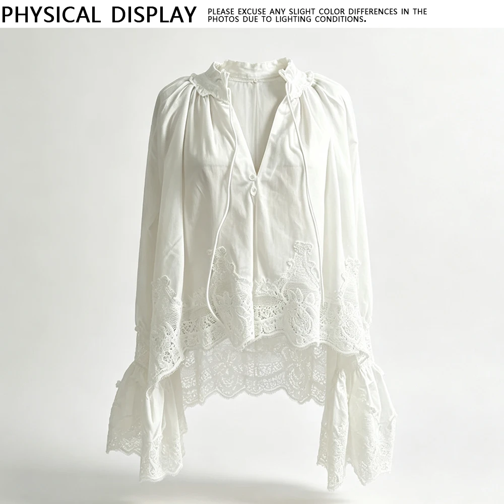 Customization Women's Vintage Hollow Lace Blouse Ruffled Collar Tie Front Puff Flare Sleeve Loose Cropped White Shirt For Daily view 6