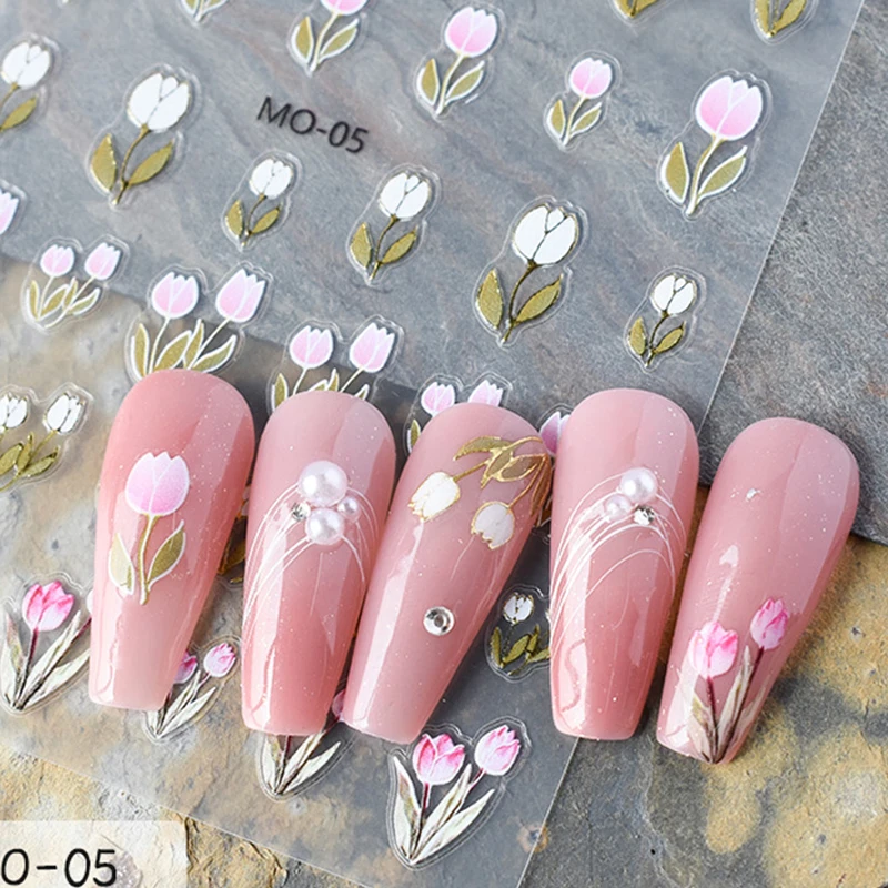 

5D Embossed Nail Art Decals Golden Lines Pink White Tulips Flowers Adhesive Sliders Nails Stickers Decorations For Manicure