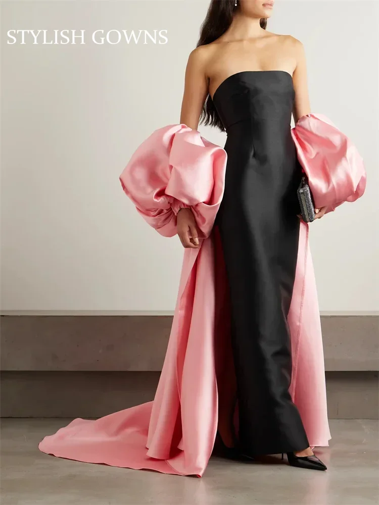 

Black Strapless Evening Dress With Pink Sleeves Cape Women's Gowns Birthday Party Gown Luxury Formal Party Gown Customized