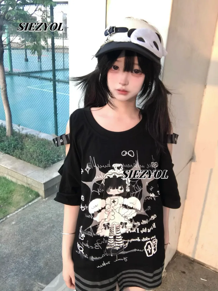 Original Sweet Girl Black Off-Shoulder Short Sleeve T-Shirt Summer New Crew Neck Tops Subculture Goth Style Cute Loose T Shirt