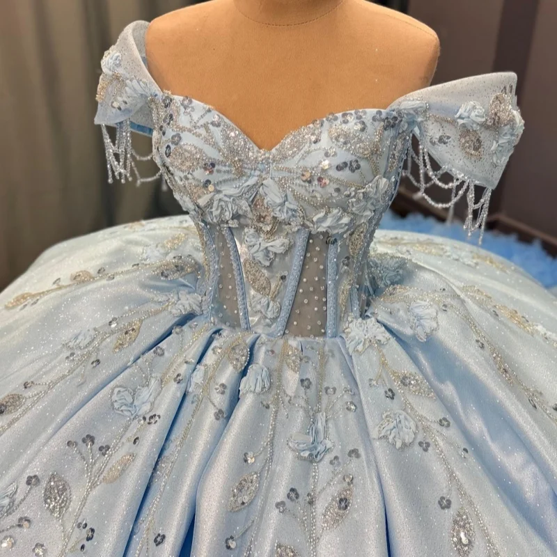 

Light Blue Quinceanera Dresses Off the Shoulder Crystal Decal Long tail Lace Ruffles Bow Vestidoe 15 Quinceanera Customize