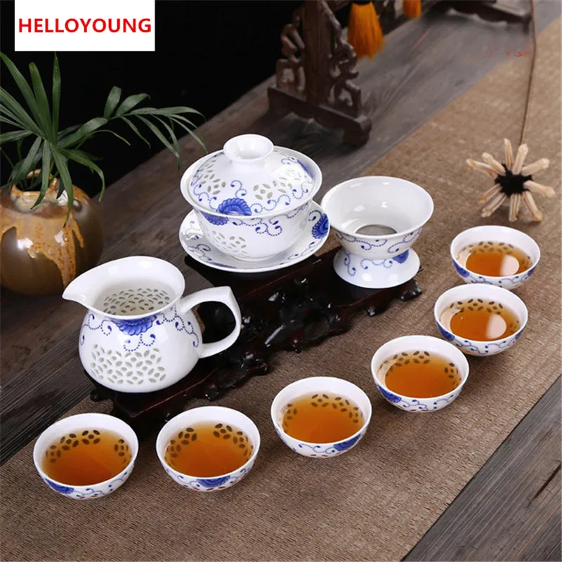 CJ261 Kung Fu 10 Pcs/Set Tea Set, Ceramic Tea cup, Blue and White TeaPot, Bone China, Tea Sea, Tea service