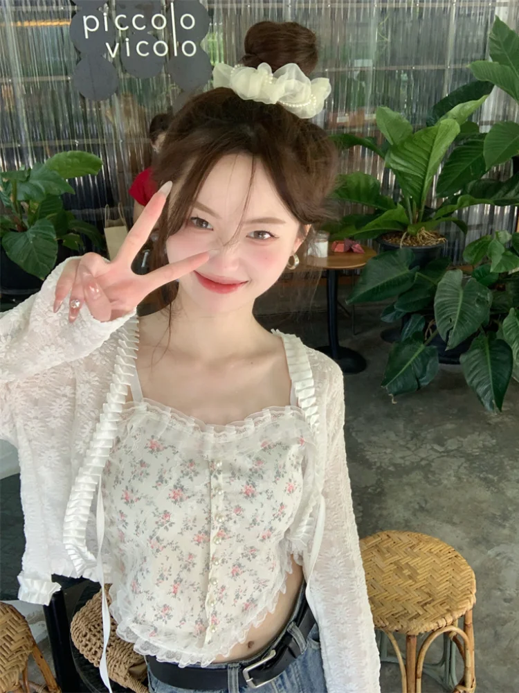 Camisole Sets Women Flowers Lace-up Sweet All-match Sunscreen Designed Spring Elegant Vintage Korean Style Special Charming Ins