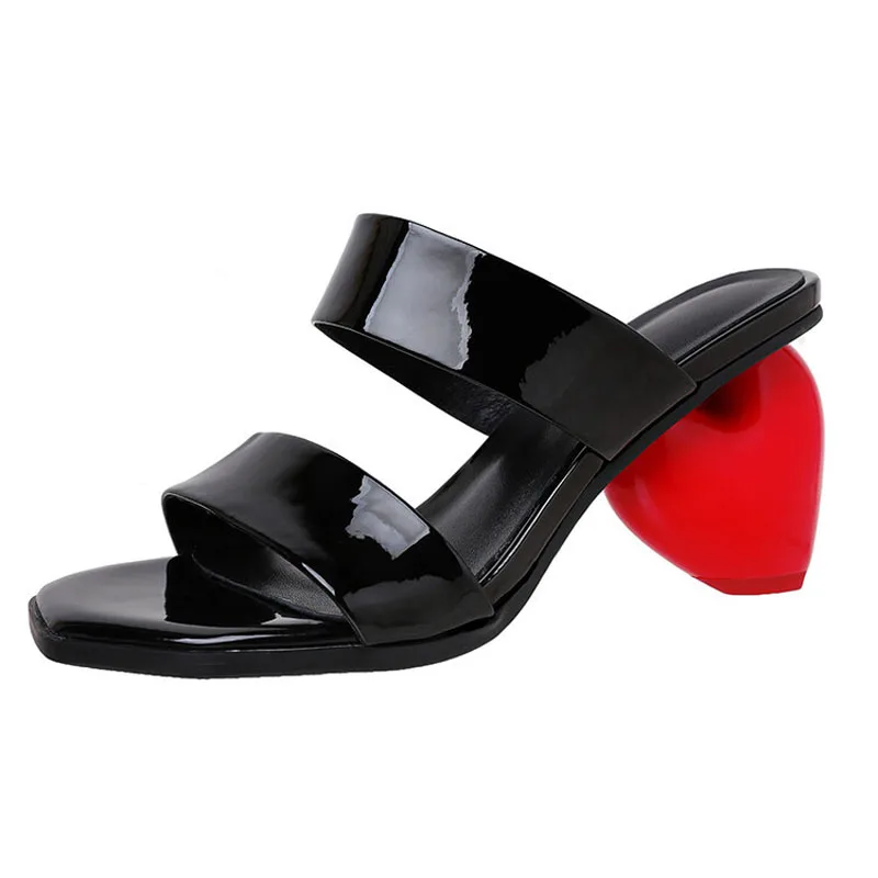 

bright Red Heart Heels Slipper Mujer Peep Toe Nude Black Patent Leather Strange Heels Slingback Shoes Summer Shoes Woman