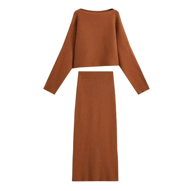 Women Knitted Midi Skirt Set Autumn Slash Neck Batwing Sleeve Top Elastic Waist Rear Fork Straight Skirts Fashion Casual Outfit