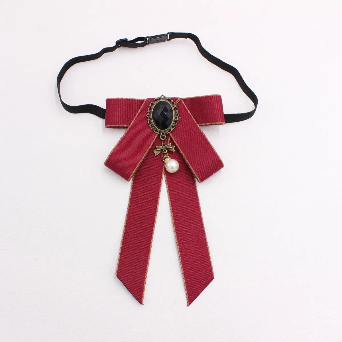 Papillon gotico Lolita da donna Cravatta a nastro con ciondolo di perle vintage Accessorio uniforme regolabile per abiti da prestazione per ufficio scolastico