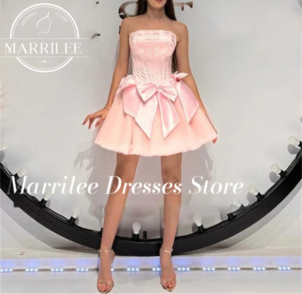 Marrilee  Customized Princess Strapless Short Stain Evening Dress With Bow Mini Above Knee Backlee Lace Up Tulle Prom Party Gown