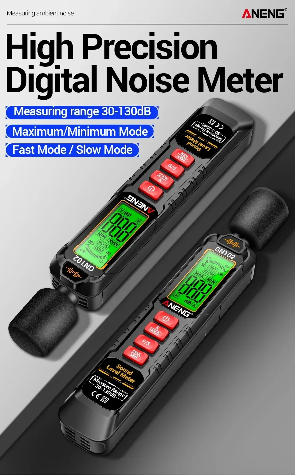 ANENG GN102 Tragbarer Schallpegelmesser 30-130dB A-gewichteter Dezibel-Tester Hintergrundbeleuchteter Bildschirm Datenspeicherung Max/Min Automatische Abschaltung – Detail 1