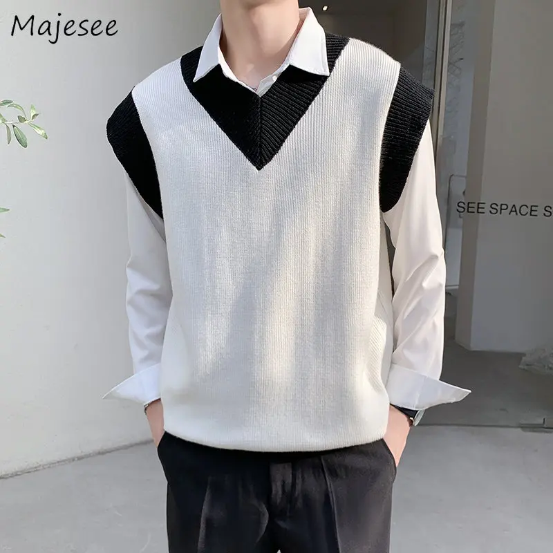 Sweater Vest Men Kpop Preppy Stylish Fashion All-match Clothing Knitting College Streetwear Unisex Cool Handsome Gentle Leisure