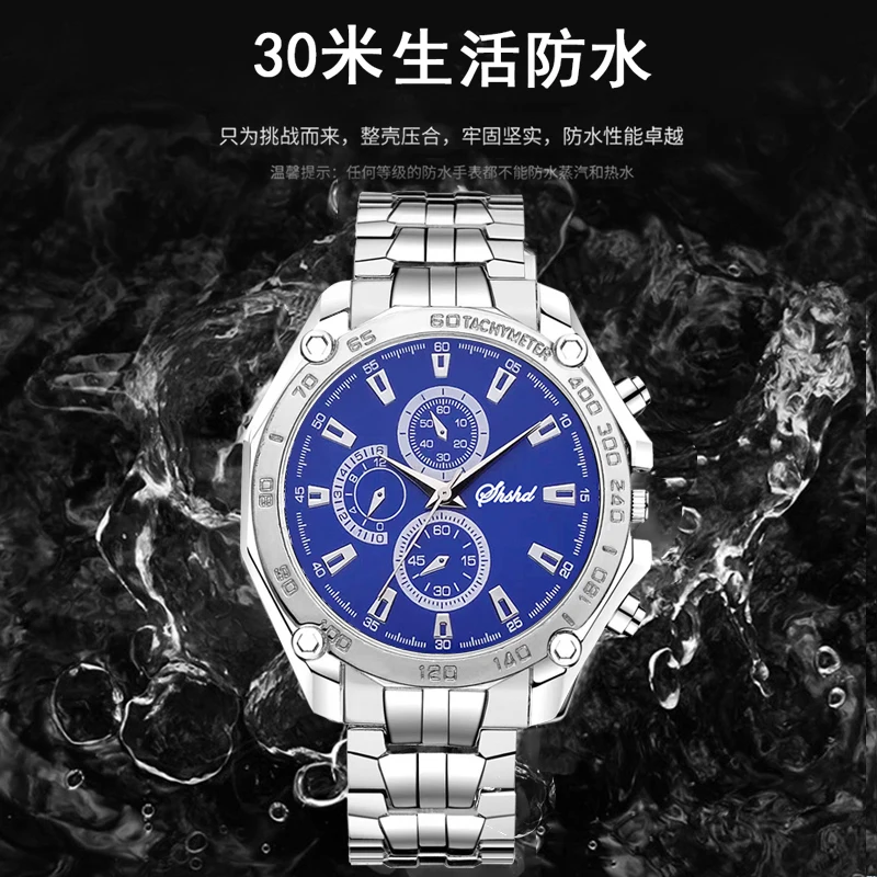 

WOKAI high quality fashion business steel strap Men's quartz watch Large dial three eyes waterproof luxury clock retro classic