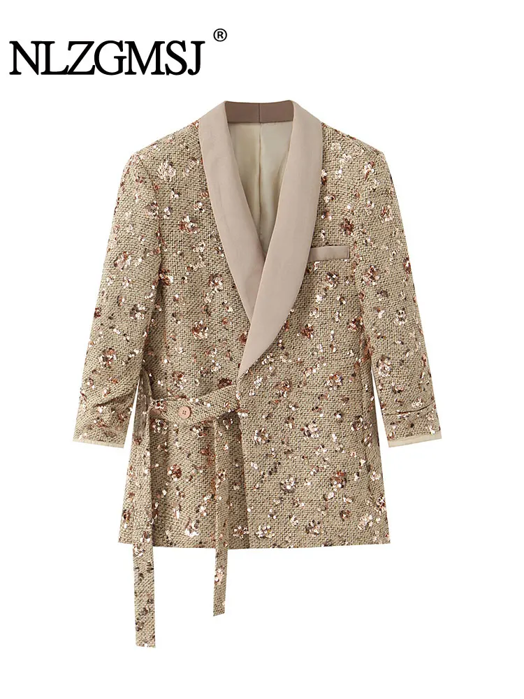 

NLZGMSJ 2025 Autumn Office Wear Women Loose Sequin Decoration Blazer Long Sleeve Jacket Female Coat Y2K