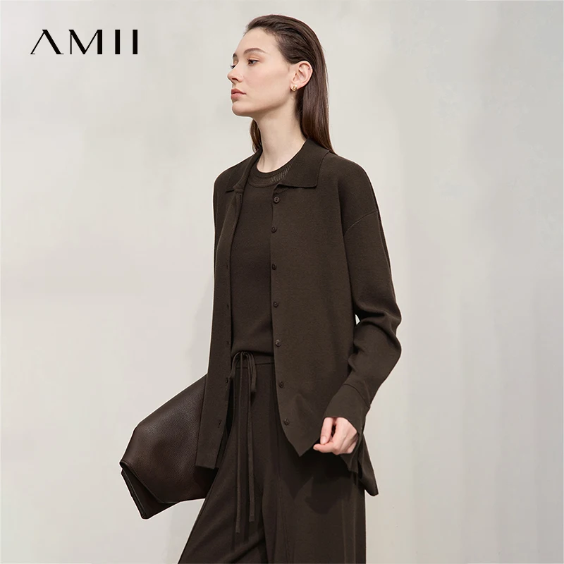 

Кардиган AMII для женщин, осень 2023, новый повседневный кардиган с длинными рукавами, женский свободный универсальный топ с отложным воротником 12543089
