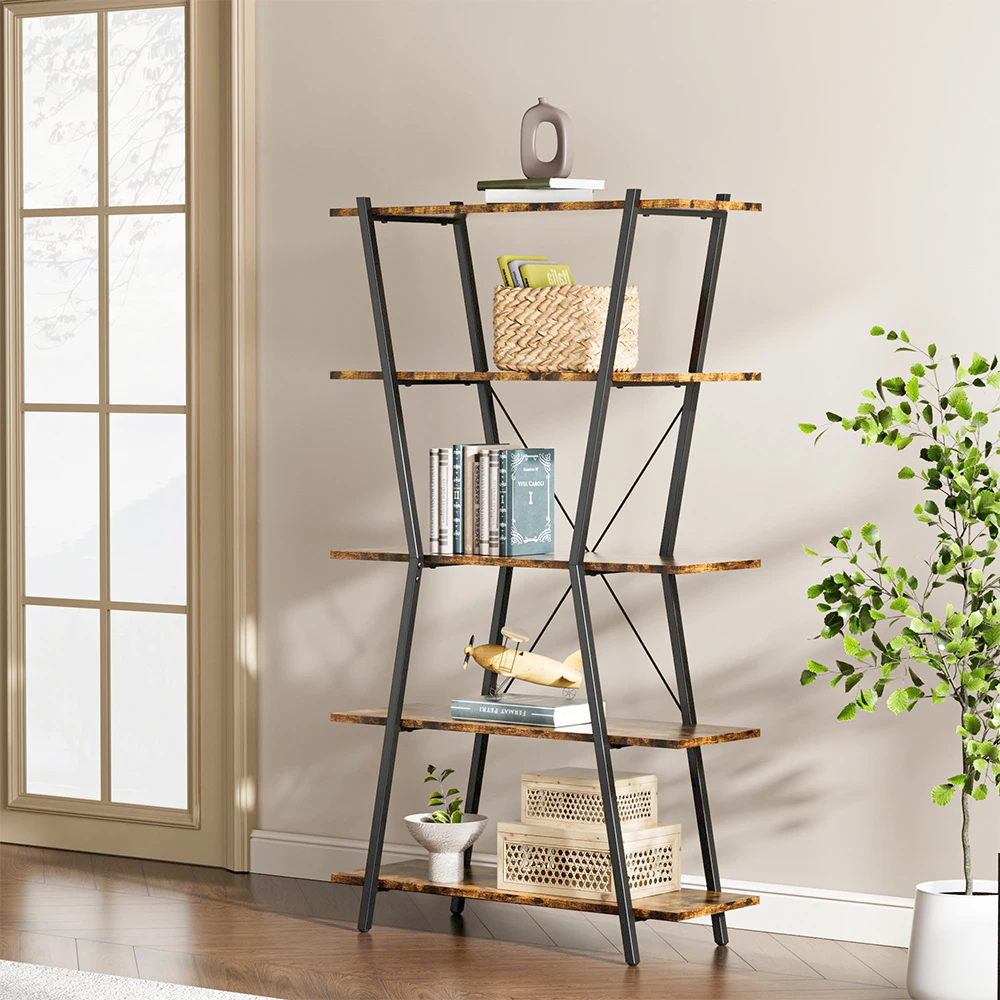 Industrial 5-Tier Open Bookshelf in Brown and Black