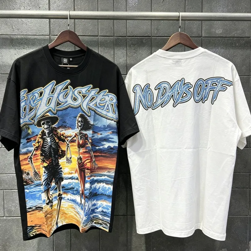 Black White Summer Couple Tee Hustlers Tshirt Skeletons Seaside Hold Hands Surfing Hotfix Rhinestone Letter Mne Women Streetwear