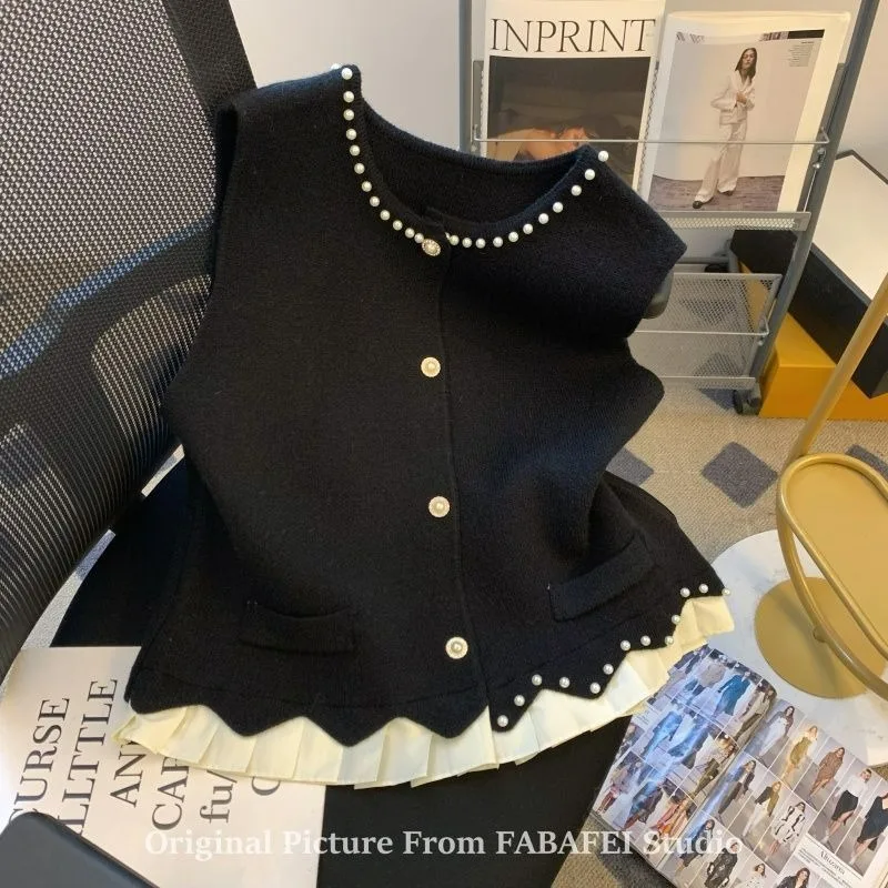 

Осенний новый высококачественный жилет с жемчугом и бусинами, женский жилет без рукавов с небольшим ароматом, женские бархатные топы на бретелях