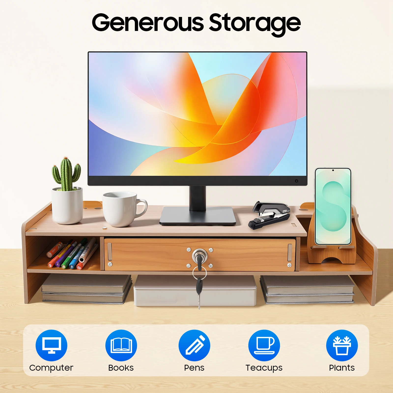 

Деревянная подставка для компьютерного монитора, износостойкая компьютерная стойка из МДФ с запирающимся ящиком для домашнего школьного офиса