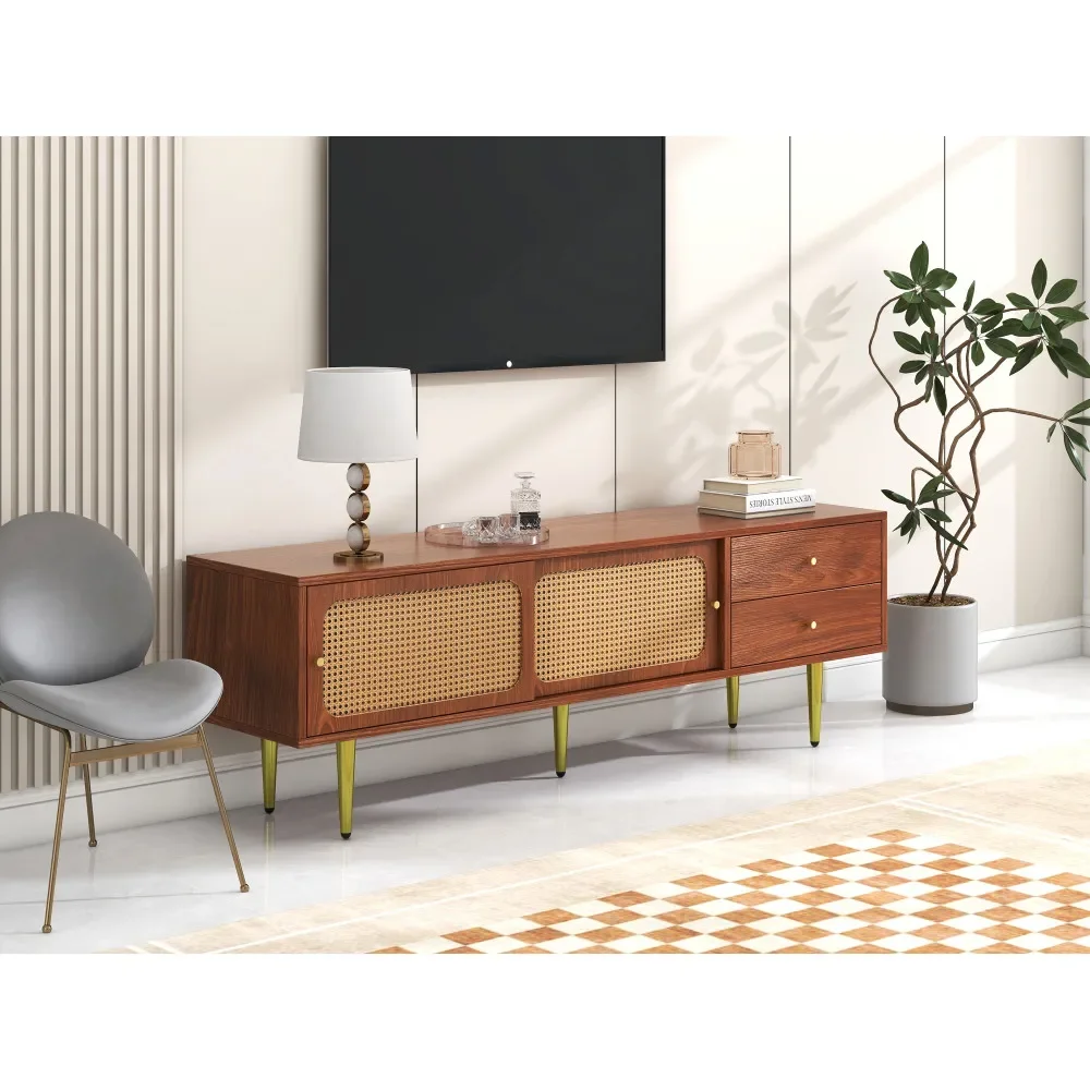 Stilvoller TV-Ständer aus Walnussholz mit 2 Rattan-Schiebetüren und praktischen Schubladen aus dunklem Kunststoff und Rattan – Detail 17