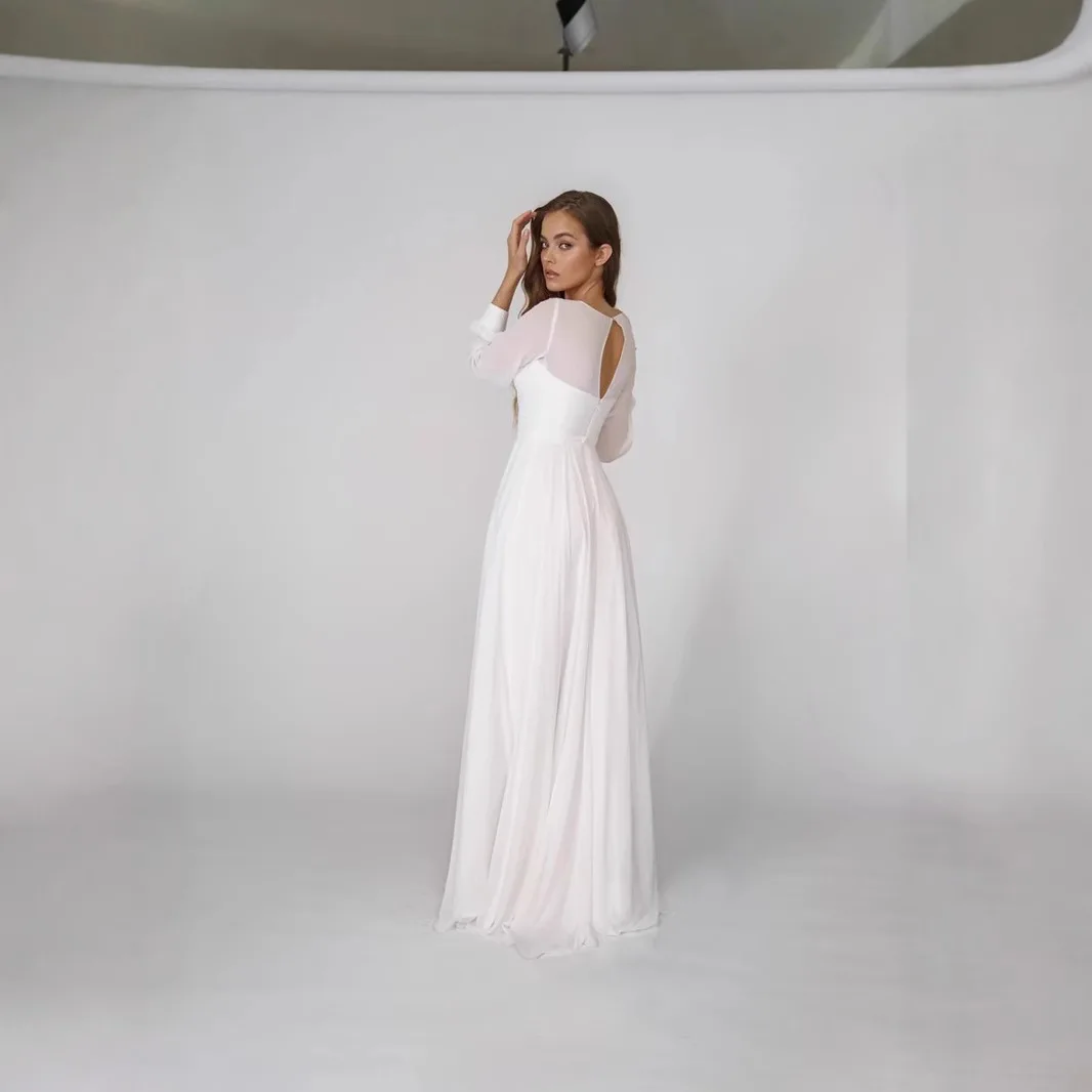 Vestido de noche Formal elegante, corte en A, manga larga, cuello en V, gasa, corte alto y tren de barrido, vestido de fiesta romántico, personalizado gratis 2025