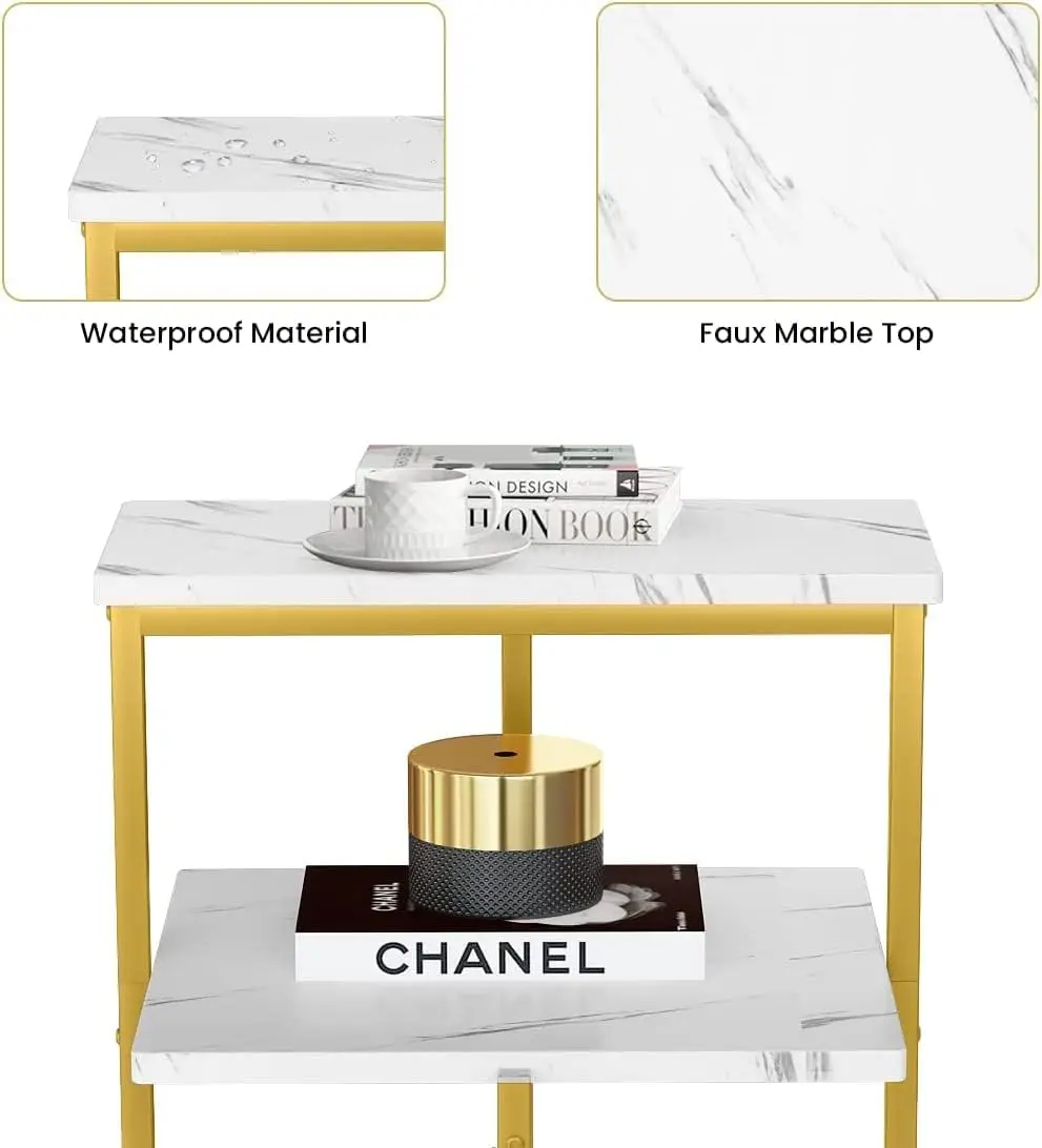 Gold End Table Set Of 2, 3-Tier Marble Coffe Table,Small Sofa Side Table Bedside Table, Rectangle Console Table W/Metal