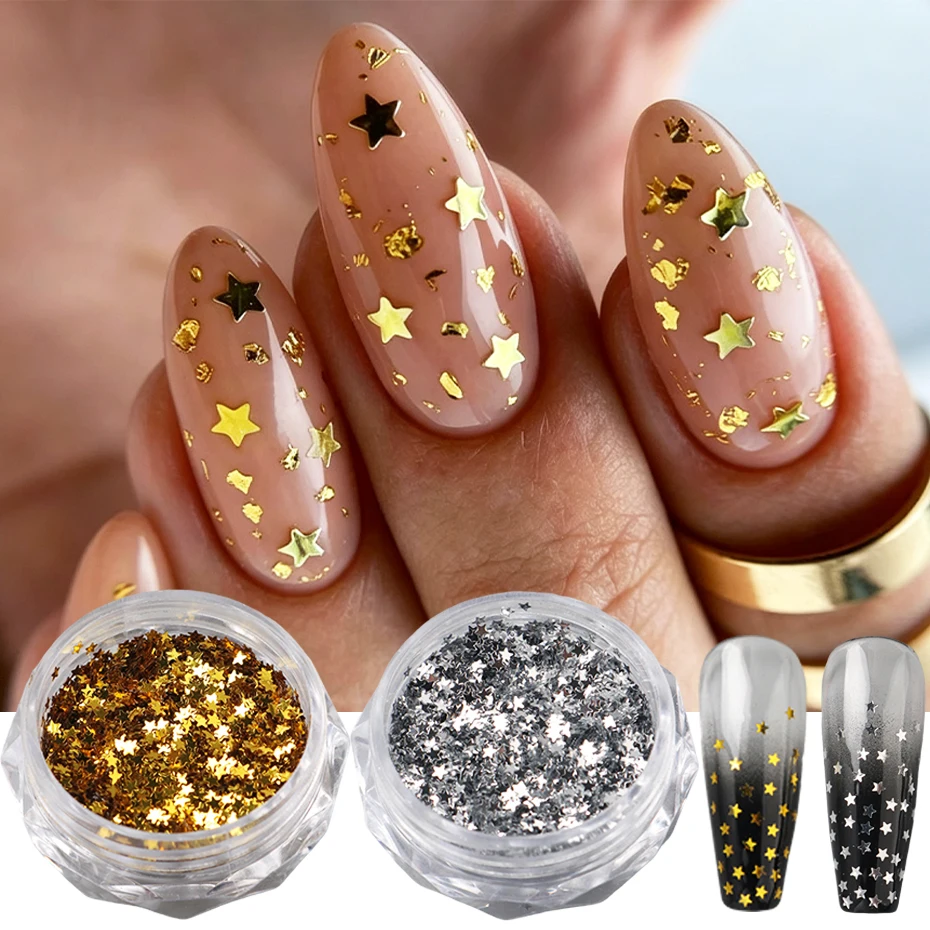 2 Colors Mini Sparkling Star Nail Art Sequin Golden Silvery Shiny Pentagram Nail Decorations Cute Accessories DIY Nail Supplies