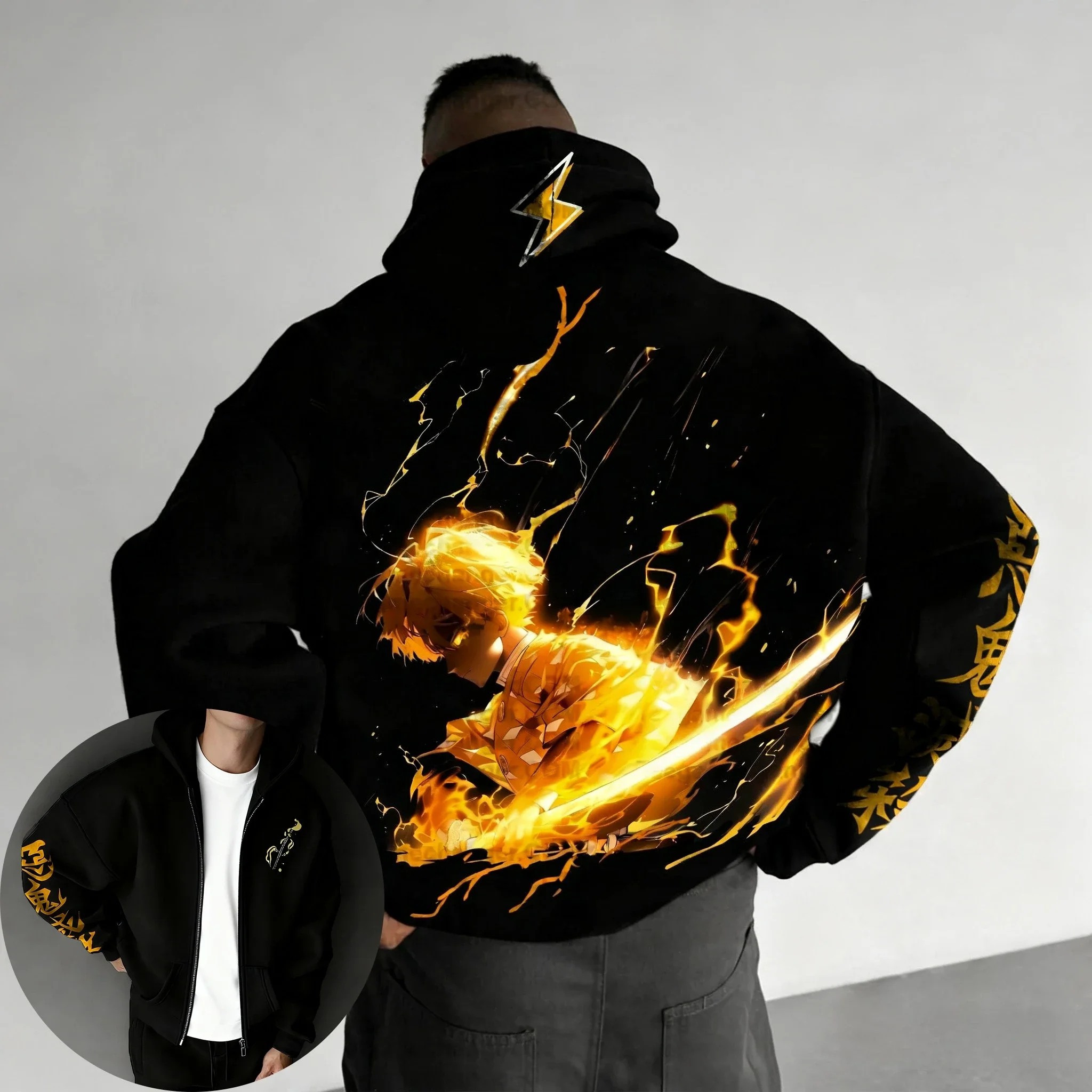 Demon slayer anime zíper hoodie unisex outono/inverno novo agatsuma zenitsu impresso harajuku plus size na moda casual solto topo