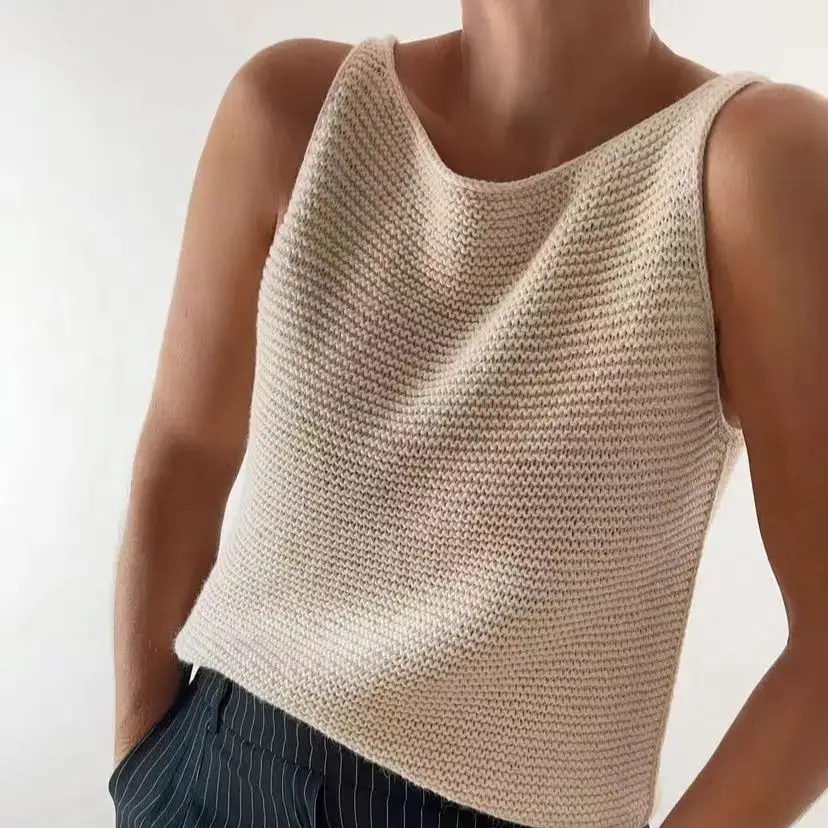 Sleeveless Knitted Sweater with One Word Collar, White Tank Top, Loose, Soft, Comfortable Wool, Handmade, Spring and Autumn