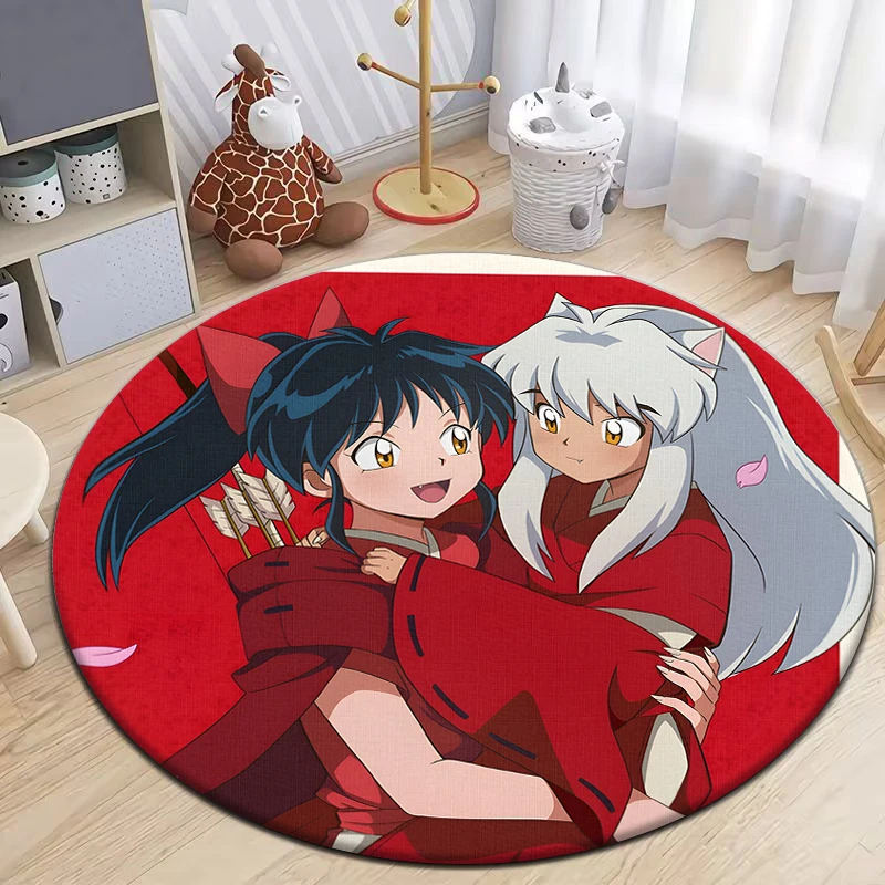 Inuyasha Anime Cartoon Round Carpet for Living Room Rugs Camping Picnic Mats Flannel Anti-Slip Rug  Gifts,Birthday Present，