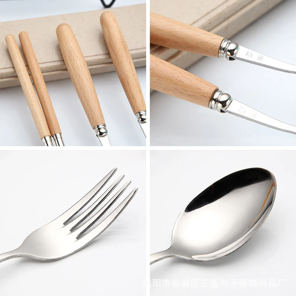 

3 Pcs Stainless Steel Set Outdoor Portable Beech Handle Chopstick Spoon Fork Set Tableware Set with Protective Storage