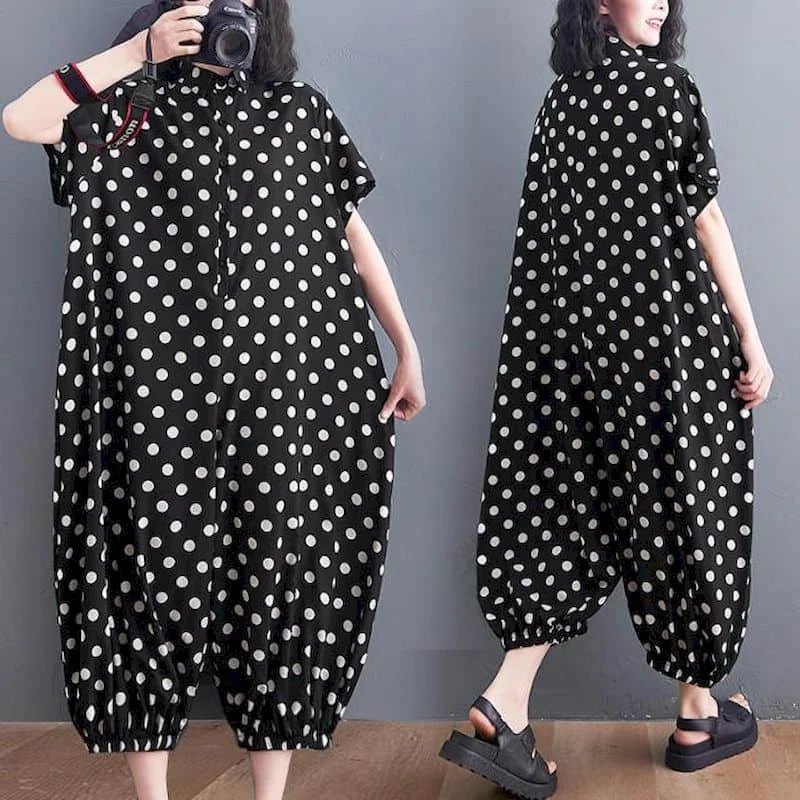 Oversize Piaysuit Casual Jumpsuit New Summer Loose Short-sleeved Jumpsuit LOOSE Casual Dot Printing Korean Style Women Clothes