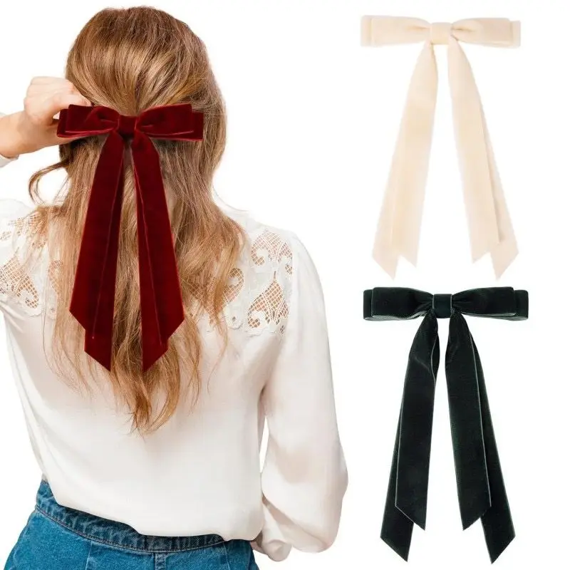 30pc/lot 5inch Solid Velvet Bow Hair Clips Hairpins Women Girls Long Ribbon Hair Clips Long Tails Bowknot Barrette Kid Headwear