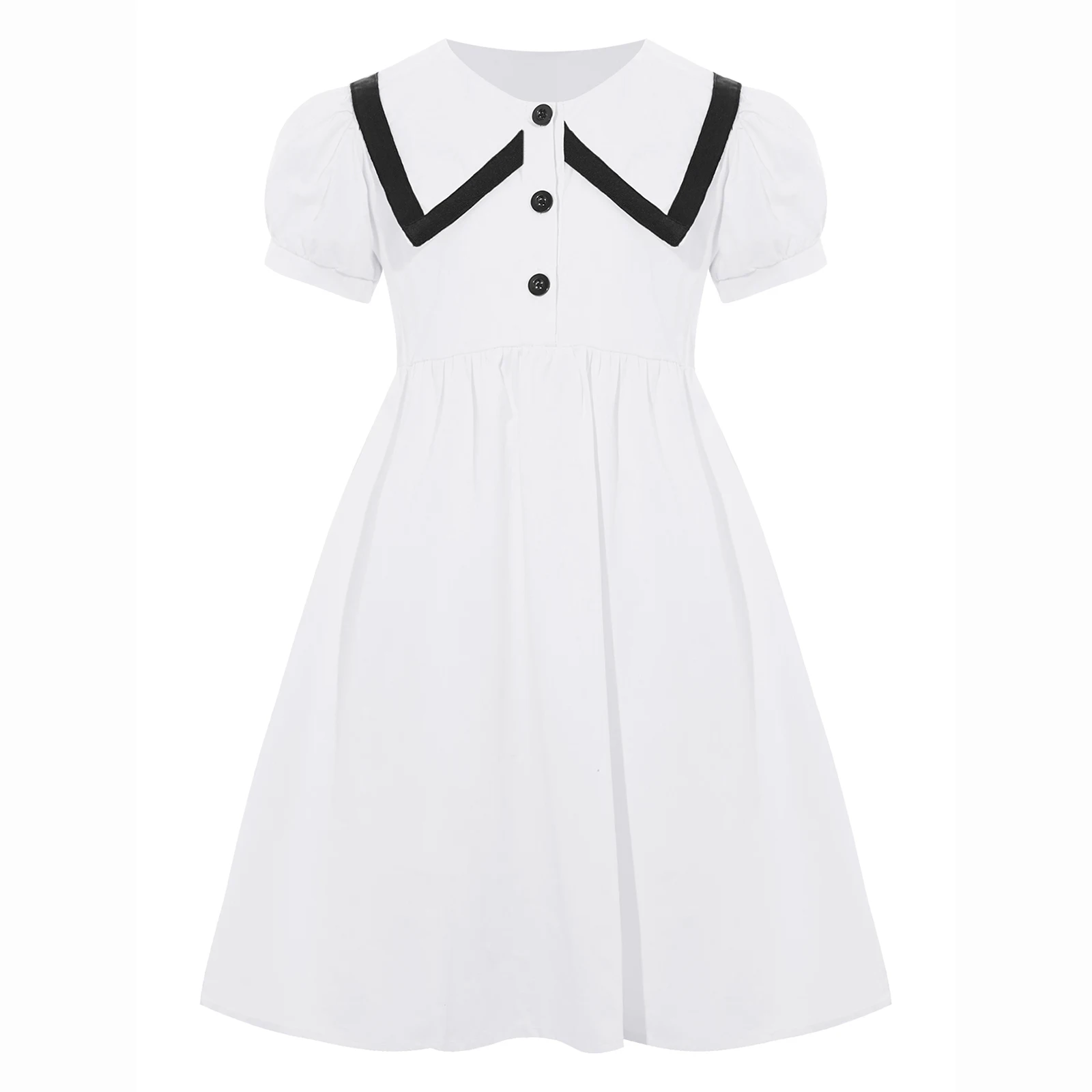 

Kids Girls Casual School Uniform Puff Sleeve Button Cute Collar Dress for Summer Vacation Beachwear Birthday Party Daily Wear