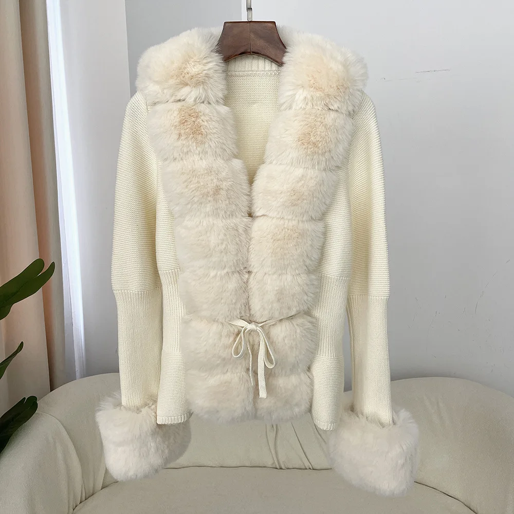 Women Faux Fur Knit Sweater Cardigan Spring Autumn Elegant Knitted Sweater with Faux Fox Fur Collar Ladies Fashion Coat Fur Coat